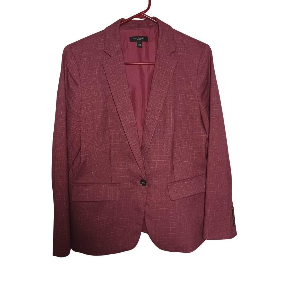 Ann Taylor Petite 12P Burgandy Windowpane Single Button Blazer Career Bossgirl